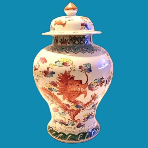 Vintage Hand Painted Dragon Themed Asian Large Ginger Jar with Lid 15 Inch - Picture 9 of 11